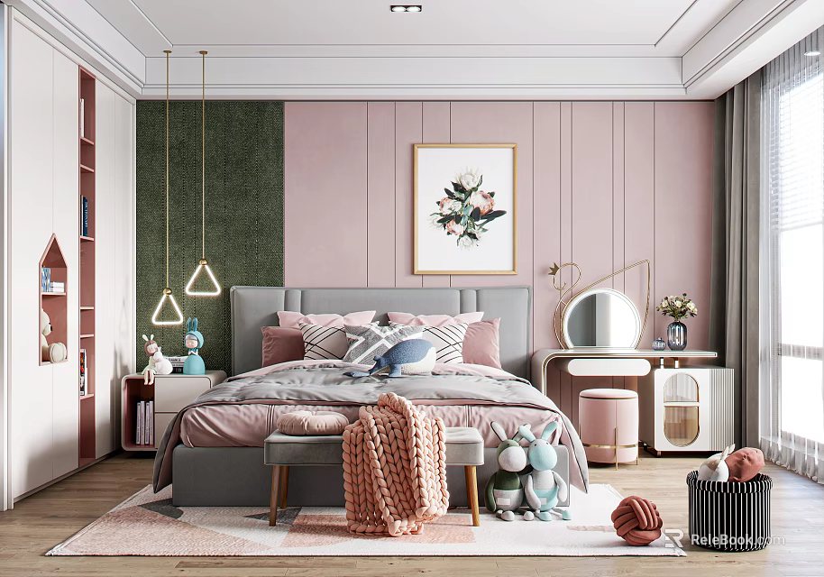 Cozy Kids Room With Pastel Pink Green Walls Soft Bed Pillows Stuffed Toys And Rug 3d model 