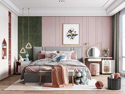 Cozy Kids Room With Pastel Pink Green Walls Soft Bed Pillows Stuffed Toys And Rug 3d model