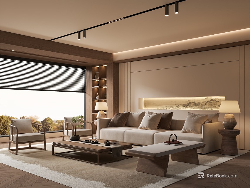 Modern Living Room Interior With Neutral Tones Sofa Coffee Table Wooden Elements And Natural Light 3d model 