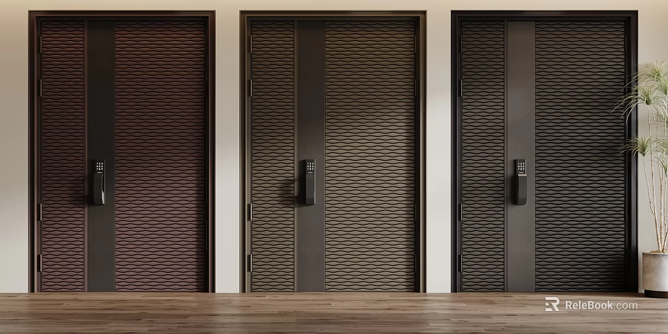 Three Stylish Textured Interior Doors In Different Colors With Handles And Locks 3d model 