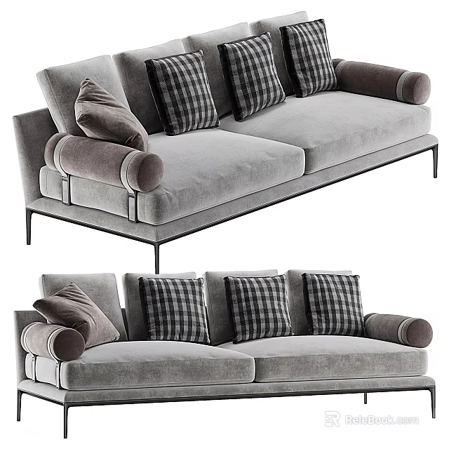 Modern Light Gray Two Seater Sofa With Plaid Cushions Rounded Armrests And Black Metal Legs 3d model 