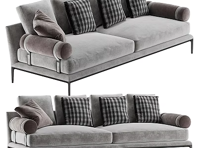 Modern Light Gray Two Seater Sofa With Plaid Cushions Rounded Armrests And Black Metal Legs 3d model