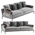 Modern Light Gray Two Seater Sofa With Plaid Cushions Rounded Armrests And Black Metal Legs