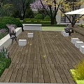 Residential Landscape Featuring Wooden Deck White Umbrella Seats And Green Garden Plants