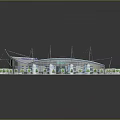 Modern Sports Stadium 3D Rendering With Blue Roof Green Turf Surrounding Towers And Trees