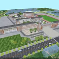 Modern School Campus Buildings Featuring Spacious Sports Field Green Lawns and Entrance Gate