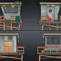 Cartoon Beach Hut On Sandy Ground With Blue Roof Red Door Wooden Balcony And Surfboard