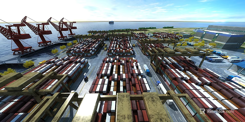 Shipping Container Flat Doors At Busy Port With Cranes And Containers 3d model 