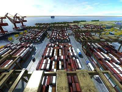 Shipping Container Flat Doors At Busy Port With Cranes And Containers 3d model