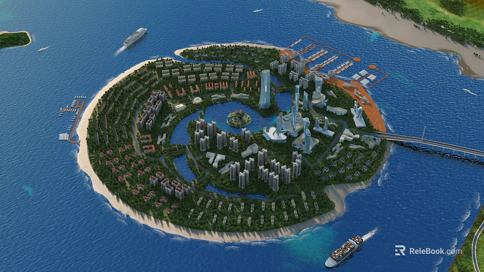 Aerial Planning of Circular Island Development with Residential Commercial Buildings Green Spaces and Marinas 3d model 