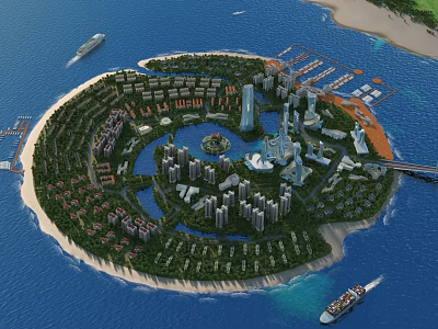 Aerial Planning of Circular Island Development with Residential Commercial Buildings Green Spaces and Marinas 3d model