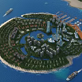 Aerial Planning of Circular Island Development with Residential Commercial Buildings Green Spaces and Marinas