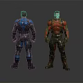 Character Action Figure Models Front Back Views With Black Blue Red Armored Suit Design