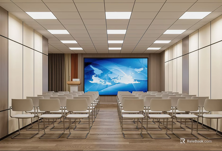 Modern Conference Room Interior Design With Neatly Arranged White Chairs Large Screen And Ceiling Lights 3d model 