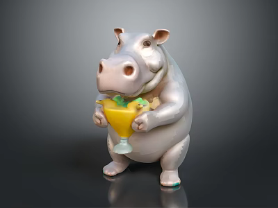 Polygonal Style Hippo Sculpture holding a goblet with yellow drink and green garnish 3d model