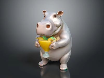Polygonal Style Hippo Sculpture holding a goblet with yellow drink and green garnish 3d model