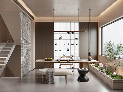 Traditional Tea Room Interior With Wooden Table Tea Sets And Decorative Wall 3d model