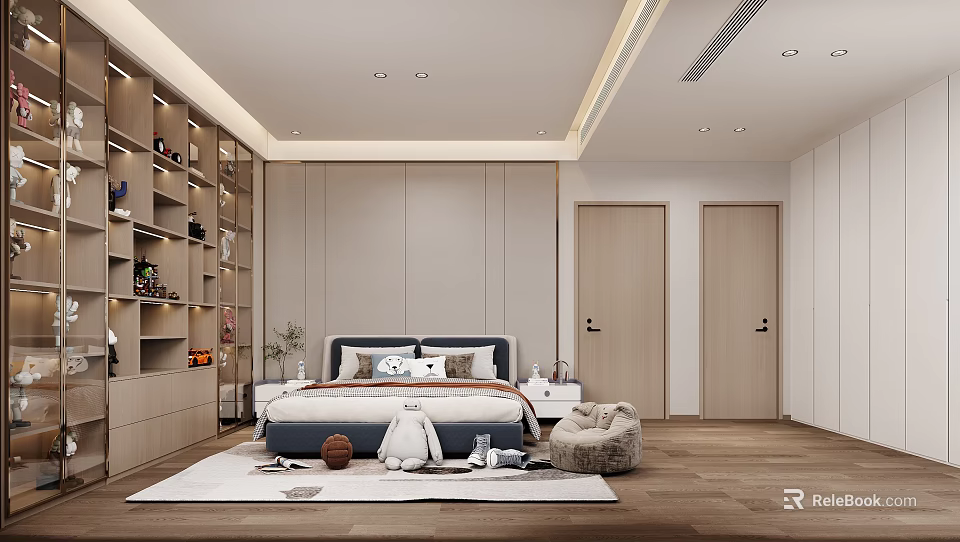 Modern Minimalist Kids Room Interior With Wooden Wall Shelves Bed Plush Chair Basketball And Rug 3d model 