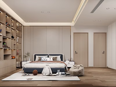 Modern Minimalist Kids Room Interior With Wooden Wall Shelves Bed Plush Chair Basketball And Rug 3d model