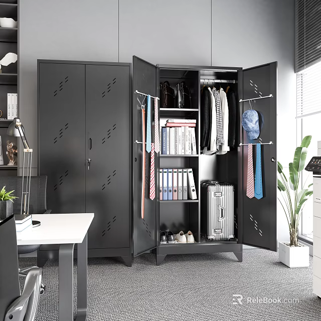 Modern Office Interior Featuring Storage Cabinet With Clothes Ties Files And Suitcase 3d model 