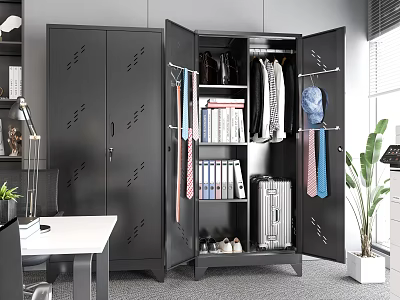 Modern Office Interior Featuring Storage Cabinet With Clothes Ties Files And Suitcase 3d model