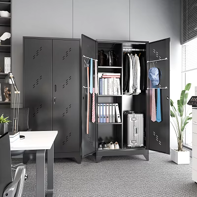 Modern Office Interior Featuring Storage Cabinet With Clothes Ties Files And Suitcase 3d model