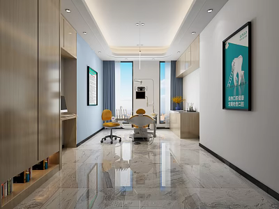 Modern Interior With Wooden Cabinets Blue Walls Yellow Chairs Dental Poster Marble Floor 3d model