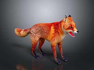 Realistic Red Fox Standing With Open Mouth On Gray Background 3d model