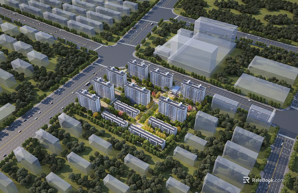 Well Planned Residential Community With High Rise Apartment Buildings Lush Green Trees And Roads 3d model 