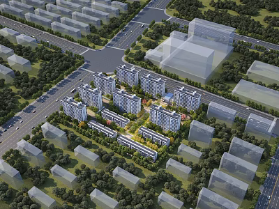 Well Planned Residential Community With High Rise Apartment Buildings Lush Green Trees And Roads 3d model