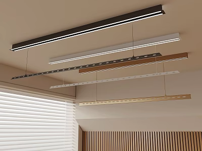Modern Linear Pendant Lights Hanging From Ceiling With Window Blinds And Wooden Panels 3d model