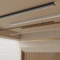 Modern Linear Pendant Lights Hanging From Ceiling With Window Blinds And Wooden Panels