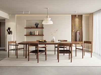Contemporary Restaurant Dining Space With Wooden Table Chairs Pendant Light And Decorative Shelves 3d model