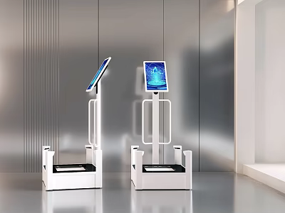 Smart Interactive Machines With Blue Digital Screens And White Standing Frames In Modern Interior 3d model