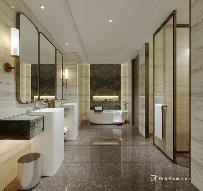 Hotel Bathroom Modern Luxury Interior With Marble Double Vanity Large Mirror And Freestanding Bathtub 3d model 
