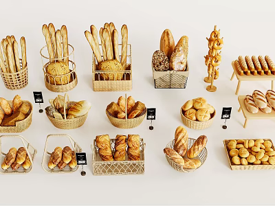Assorted Bread Display With Different Types In Woven Baskets And Wooden Racks 3d model
