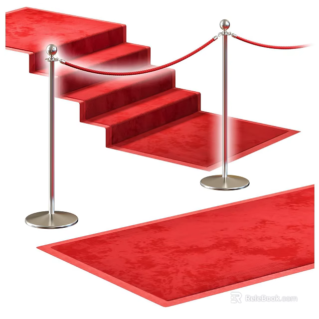 Red Square Carpet on Staircase with Metal Stanchions and Ropes for Elegant Look 3d model 