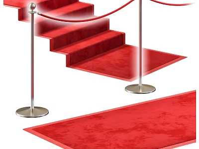 Red Square Carpet on Staircase with Metal Stanchions and Ropes for Elegant Look 3d model