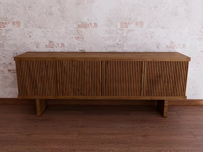 Wooden TV Cabinet With Vertical Slats Against Textured Wall And Wooden Floor 3d model