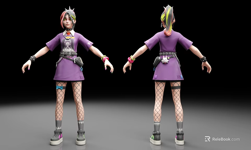 A Woman In Purple Dress With Colorful Hair Headband Fishnet Stockings And Sneakers 3d model 