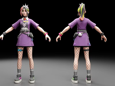 A Woman In Purple Dress With Colorful Hair Headband Fishnet Stockings And Sneakers 3d model