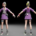 A Woman In Purple Dress With Colorful Hair Headband Fishnet Stockings And Sneakers