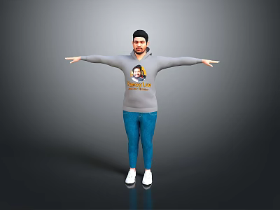 Man With Arms Outstretched In Gray Hoodie Yellow Text Blue Jeans White Shoes Gray Background 3d model