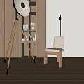 Minimalist Wooden Dining Chair In Modern Interior With Floor Lamp And Bookshelf