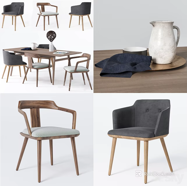 Wooden Dining Table Set With Upholstered Chairs And Tabletop Decor Elements 3d model