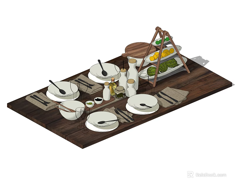 Complete Dinnerware Set With White Plates Bowls Cutlery And Fruit Stand On Wooden Table 3d model 