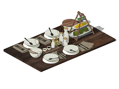 Complete Dinnerware Set With White Plates Bowls Cutlery And Fruit Stand On Wooden Table 3d model