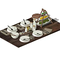 Complete Dinnerware Set With White Plates Bowls Cutlery And Fruit Stand On Wooden Table