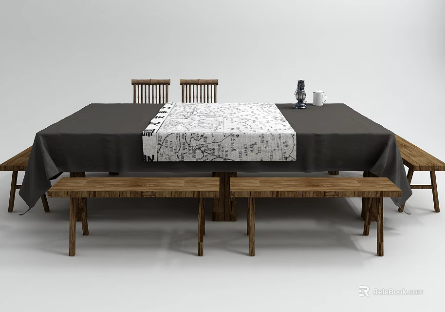 Dining Table Set With Dark Tablecloth White Patterned Runner Wooden Chairs And Benches 3d model 