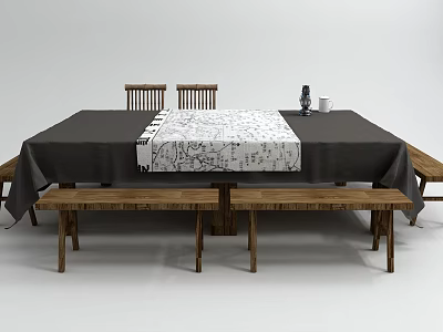 Dining Table Set With Dark Tablecloth White Patterned Runner Wooden Chairs And Benches 3d model